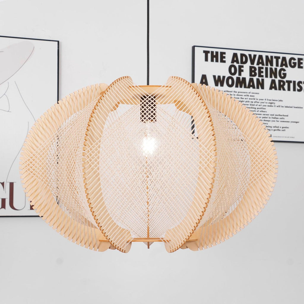 Pendant Light with Fabric Shade, Wooden Frame, and Wire Detail