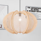 Pendant Light with Fabric Shade, Wooden Frame, and Wire Detail