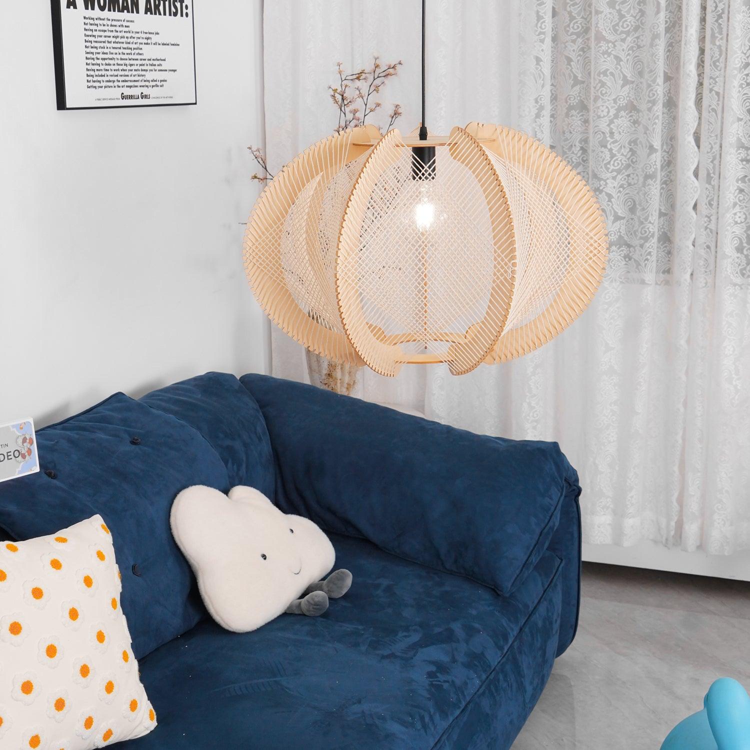 Pendant Light with Fabric Shade, Wooden Frame, and Wire Detail
