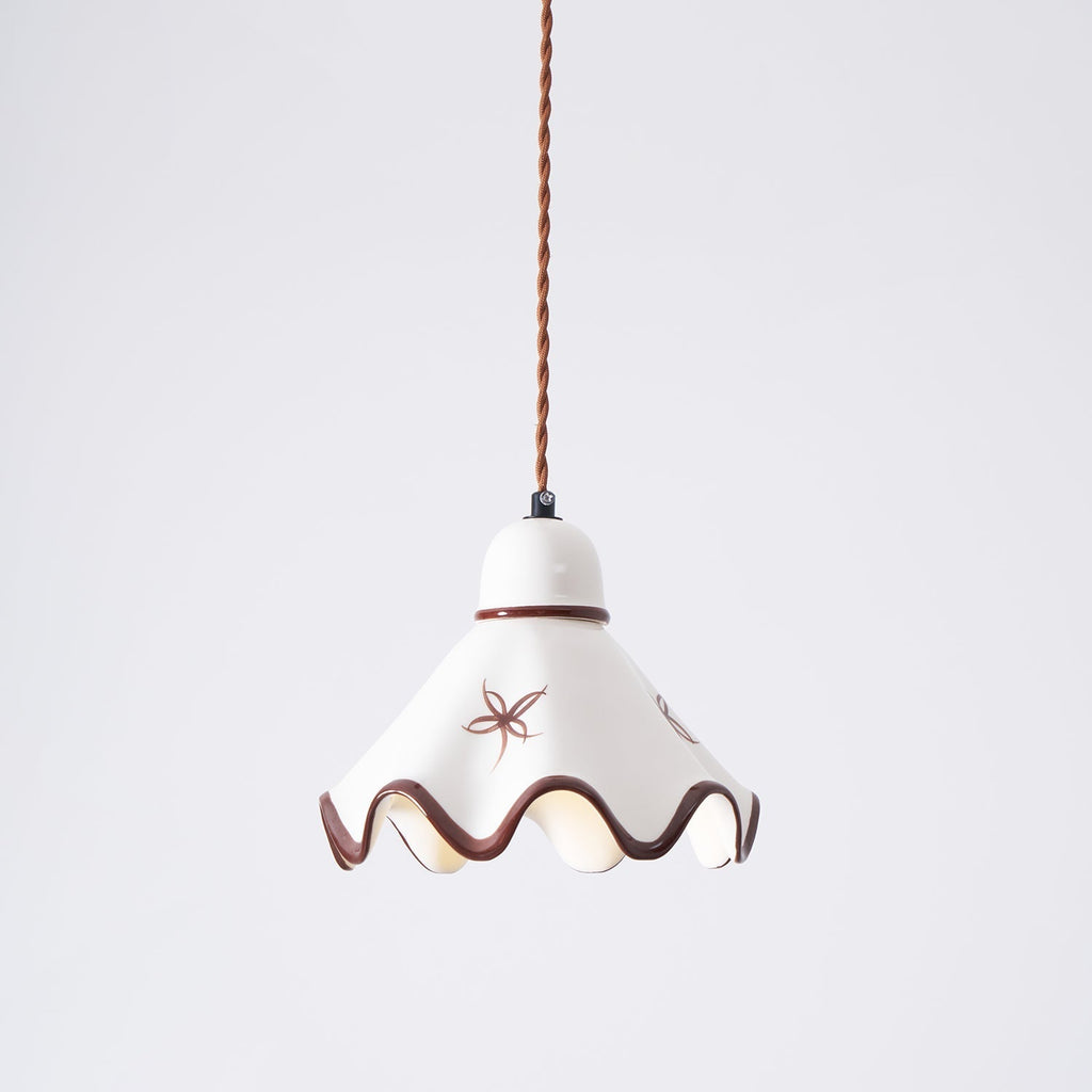 Pendant Lamp Ceramic Wavy Shade Rustic Brown Trim Retro Farmhouse