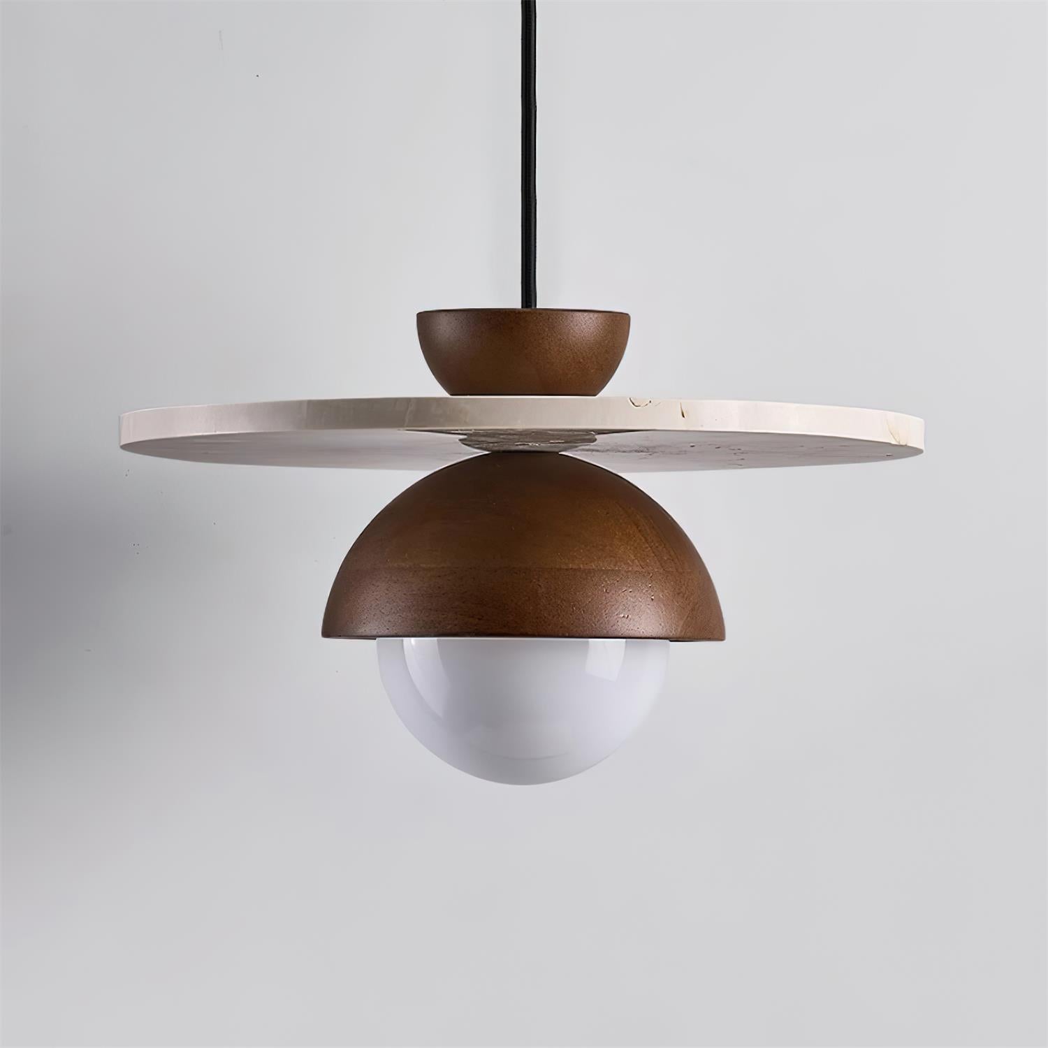 Pendant Lamp Glass Globe Travertine Disc Walnut Wood Natural