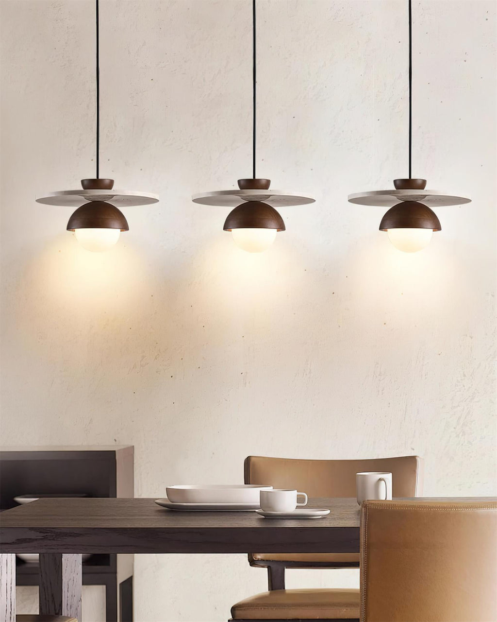 Pendant Lamp Glass Globe Travertine Disc Walnut Wood Natural