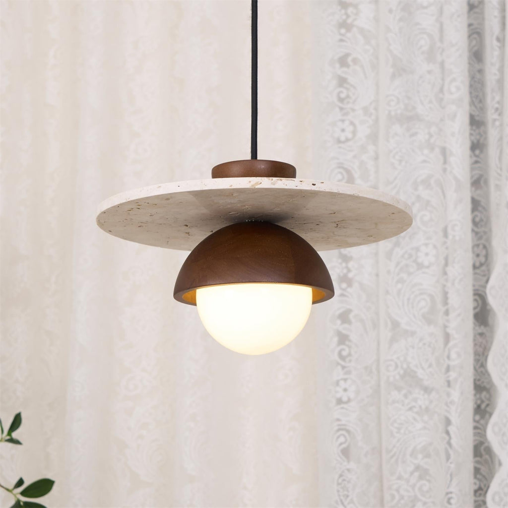 Pendant Lamp Glass Globe Travertine Disc Walnut Wood Natural