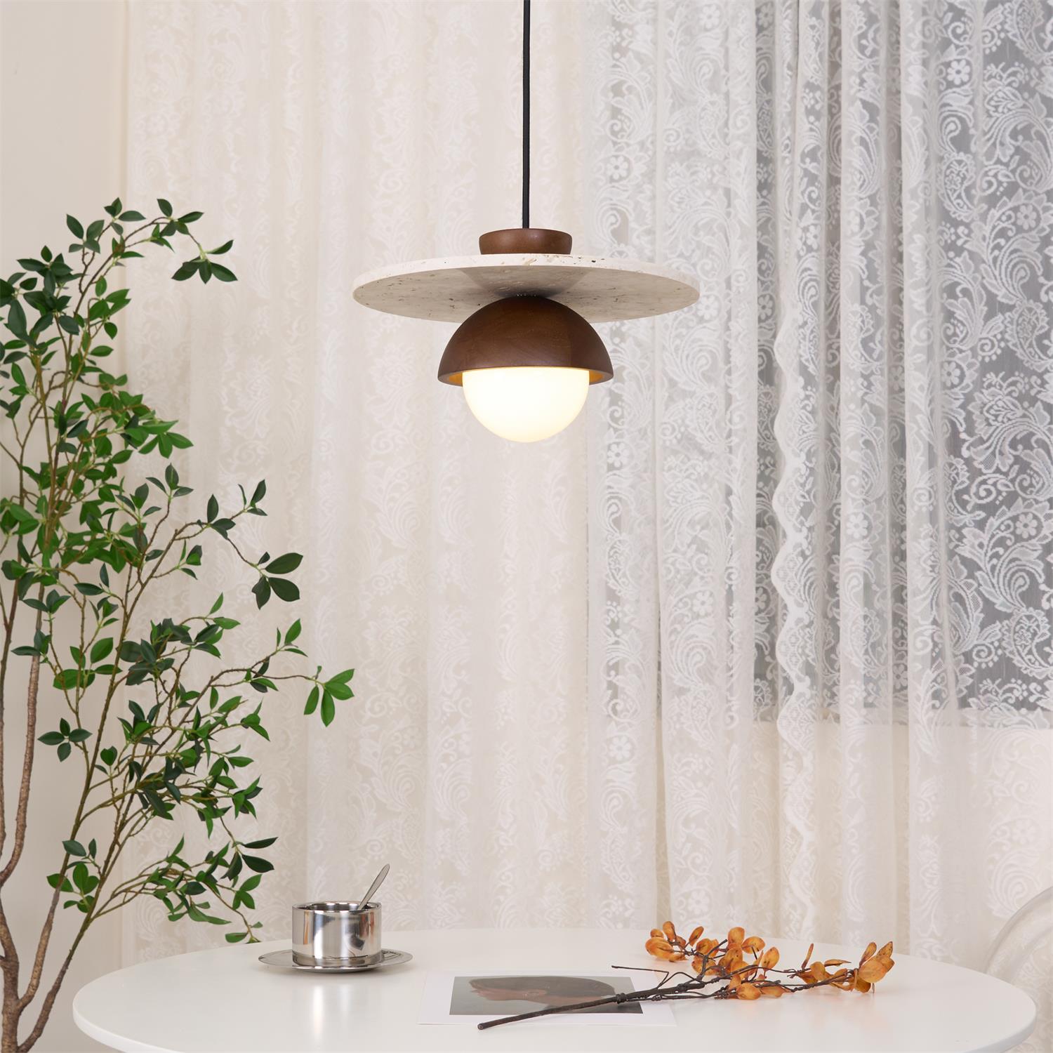 Pendant Lamp Glass Globe Travertine Disc Walnut Wood Natural