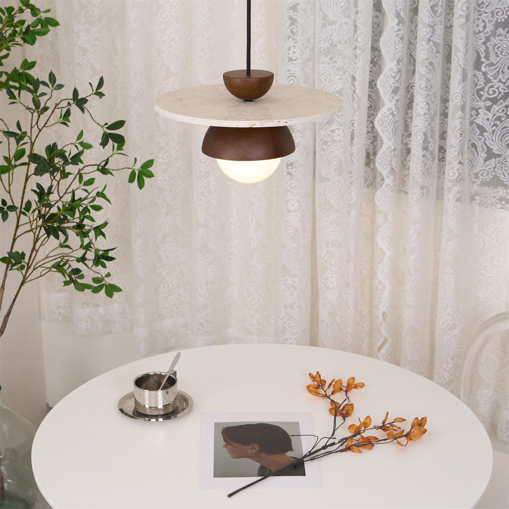 Pendant Lamp Glass Globe Travertine Disc Walnut Wood Natural