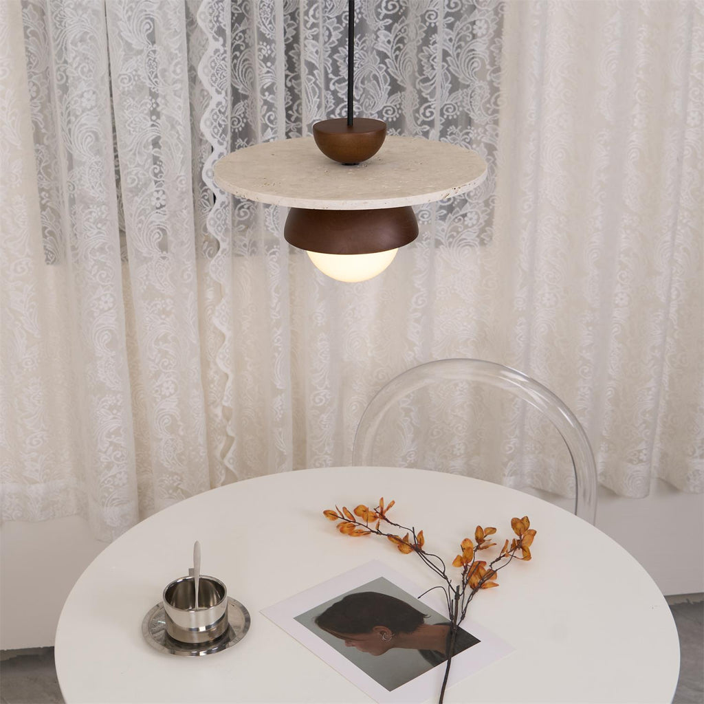 Pendant Lamp Glass Globe Travertine Disc Walnut Wood Natural