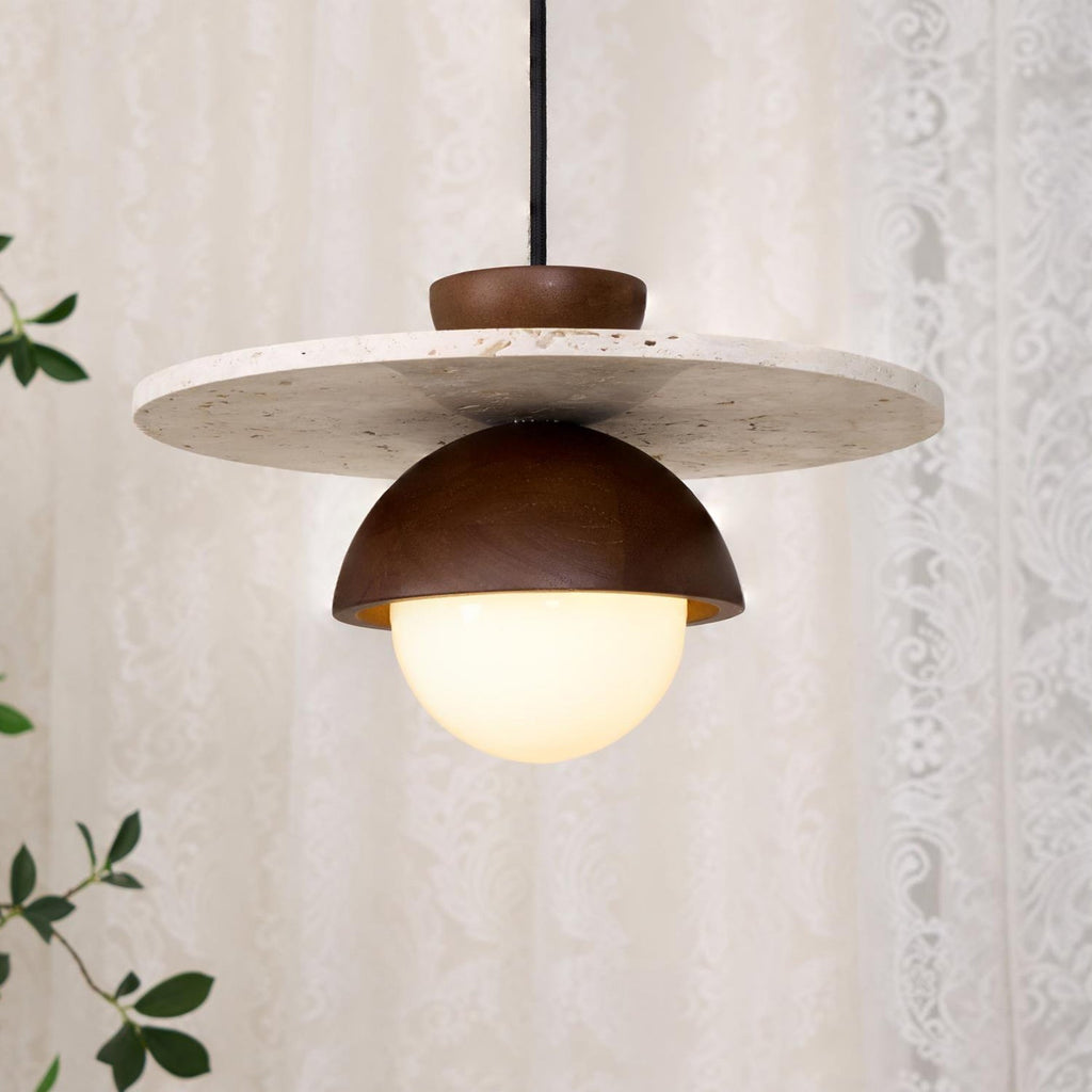 Pendant Lamp Glass Globe Travertine Disc Walnut Wood Natural