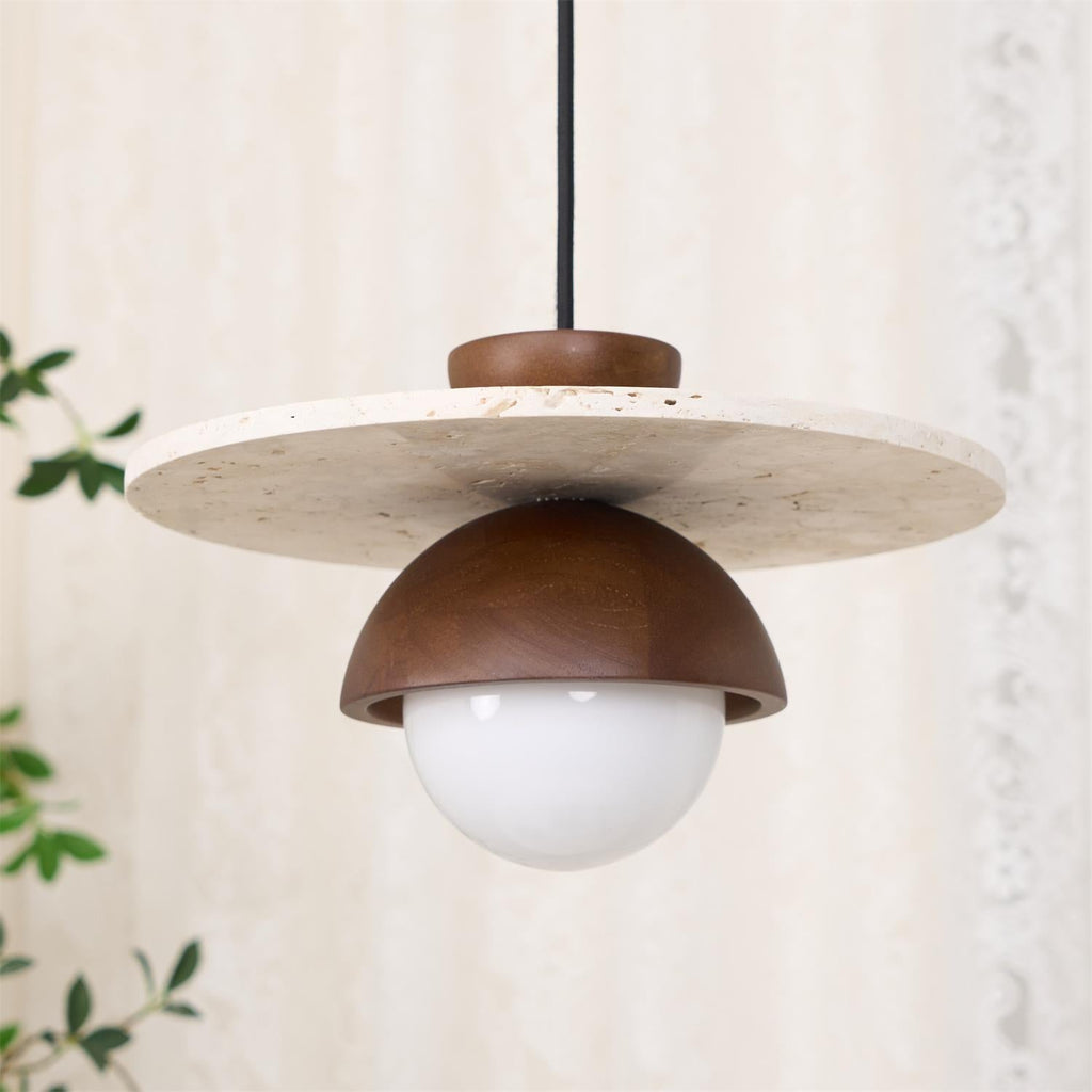 Pendant Lamp Glass Globe Travertine Disc Walnut Wood Natural