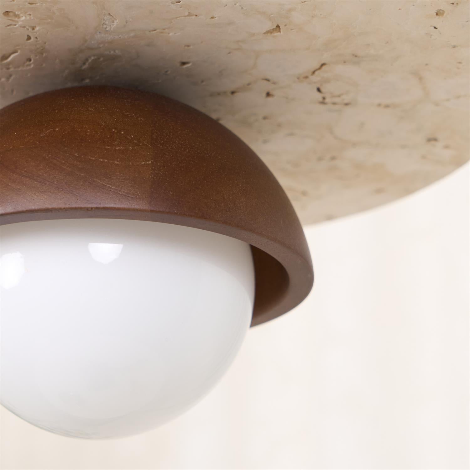 Pendant Lamp Glass Globe Travertine Disc Walnut Wood Natural