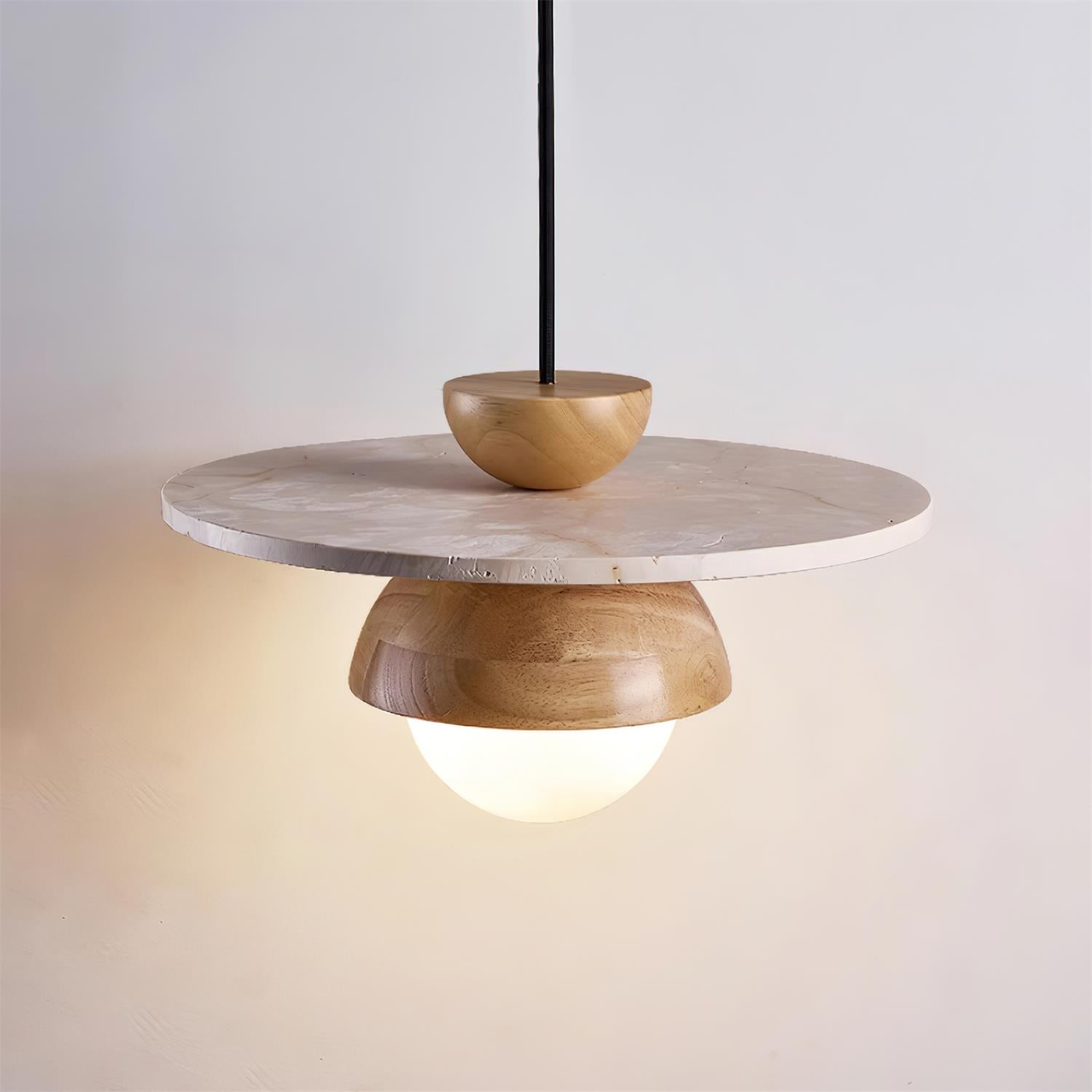 Pendant Lamp Glass Globe Travertine Disc Walnut Wood Natural