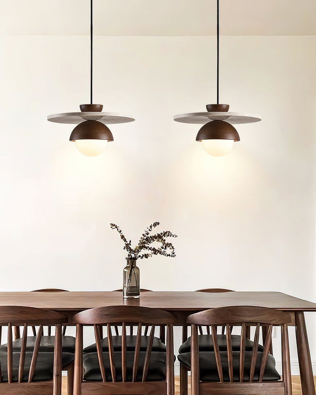 Pendant Lamp Glass Globe Travertine Disc Walnut Wood Natural