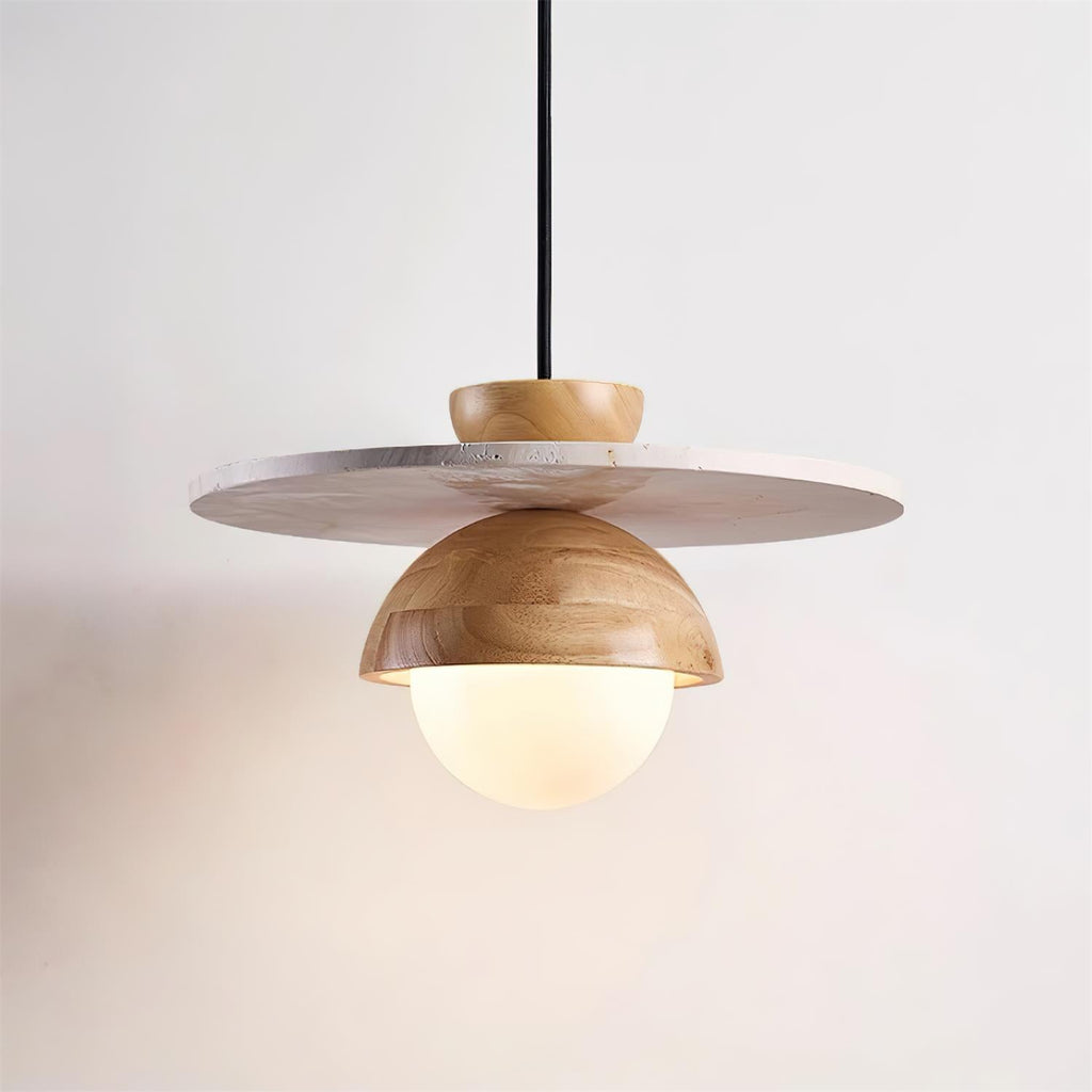 Pendant Lamp Glass Globe Travertine Disc Walnut Wood Natural