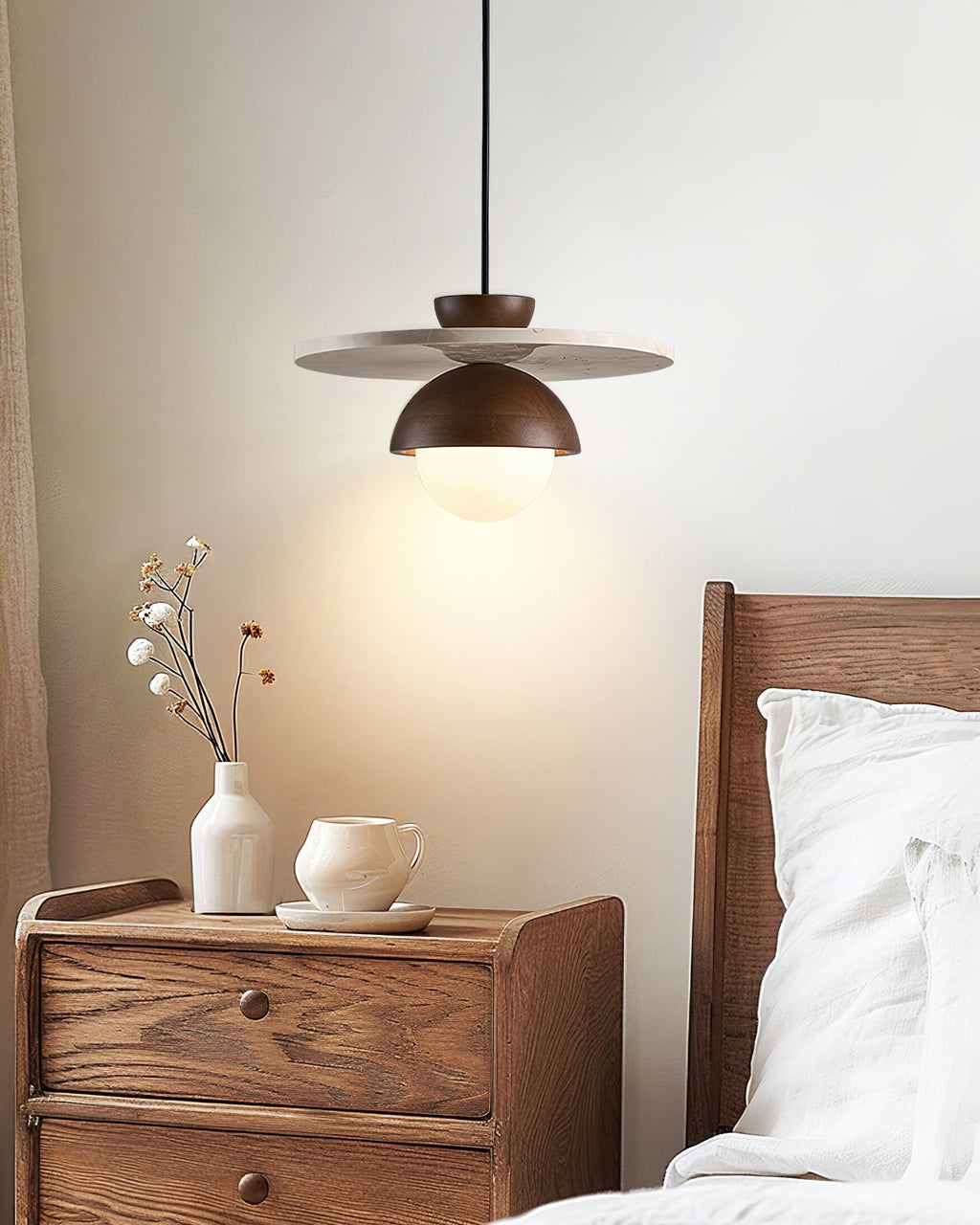Pendant Lamp Glass Globe Travertine Disc Walnut Wood Natural