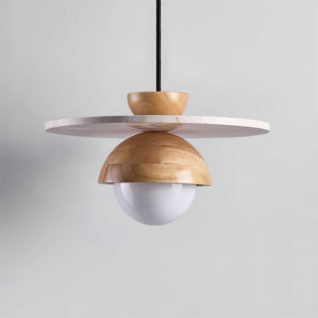 Pendant Lamp Glass Globe Travertine Disc Walnut Wood Natural