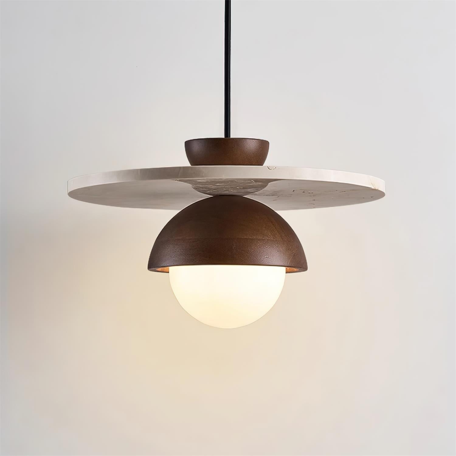 Pendant Lamp Glass Globe Travertine Disc Walnut Wood Natural