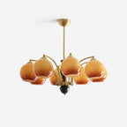 Chandelier Glass Shades Metal Frame Wood Accents Mid-Century Calm