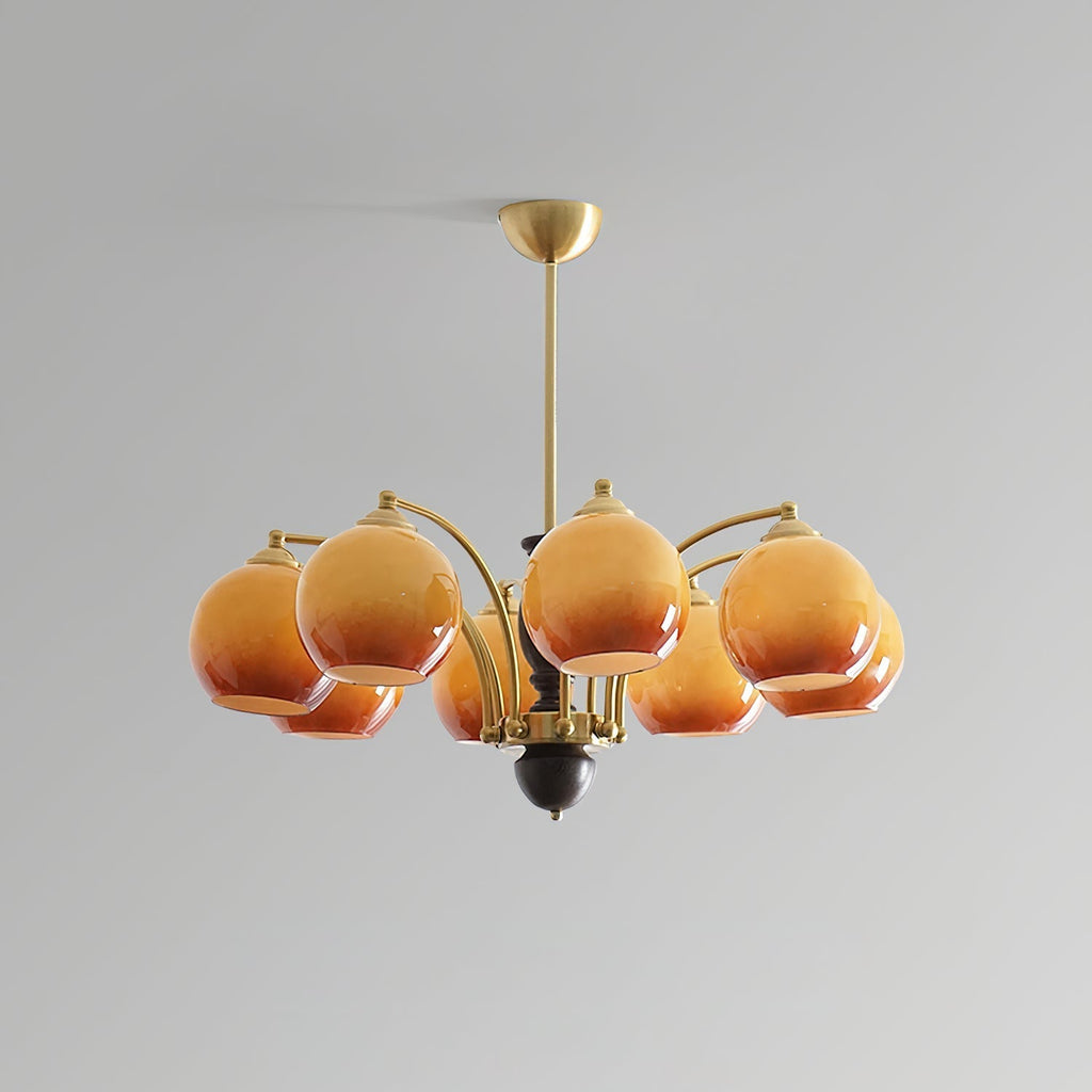 Chandelier Glass Shades Metal Frame Wood Accents Mid-Century Calm