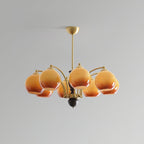 Chandelier Glass Shades Metal Frame Wood Accents Mid-Century Calm
