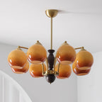 Chandelier Glass Shades Metal Frame Wood Accents Mid-Century Calm