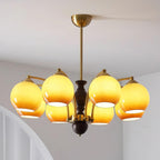 Chandelier Glass Shades Metal Frame Wood Accents Mid-Century Calm