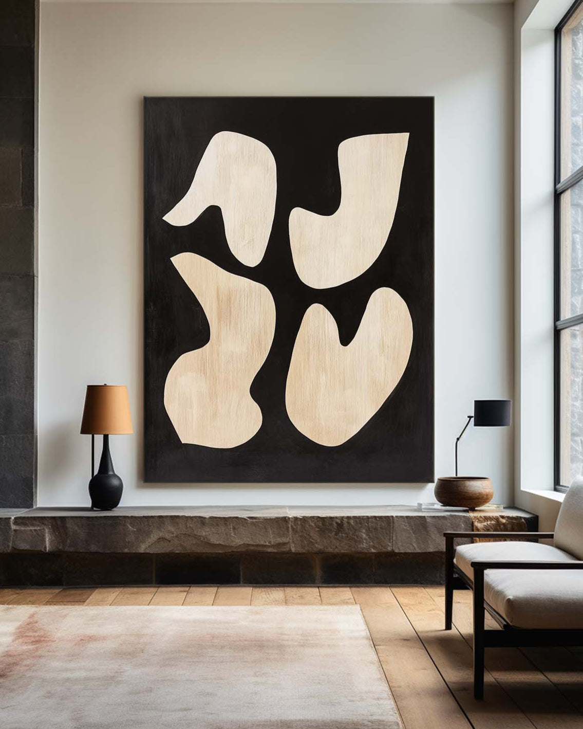 Organic Shape Black Warm Beige Oil Painting