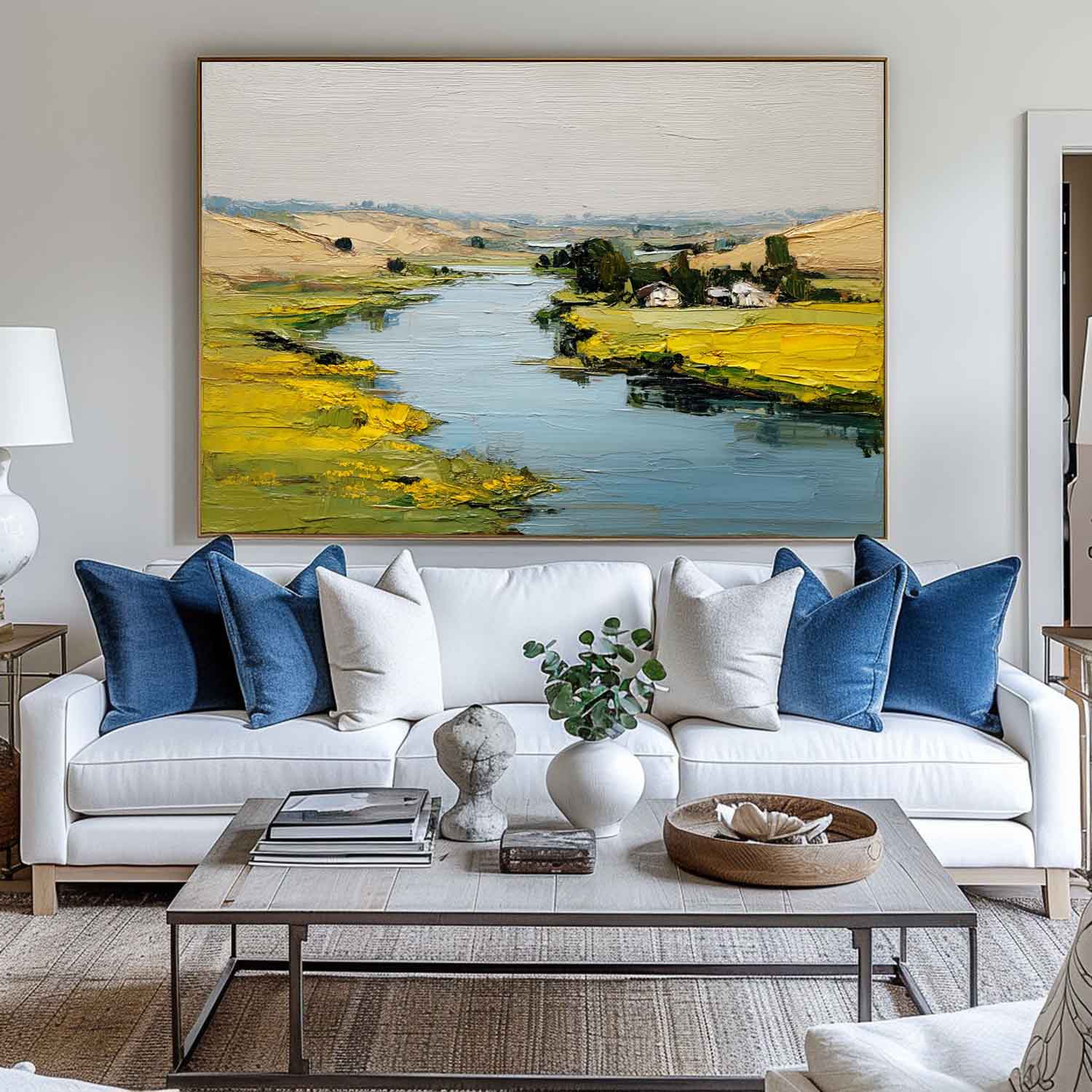 Rustic River Valley Oil Painting Golden Wildflower