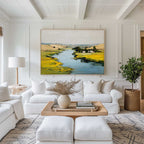 Rustic River Valley Oil Painting Golden Wildflower