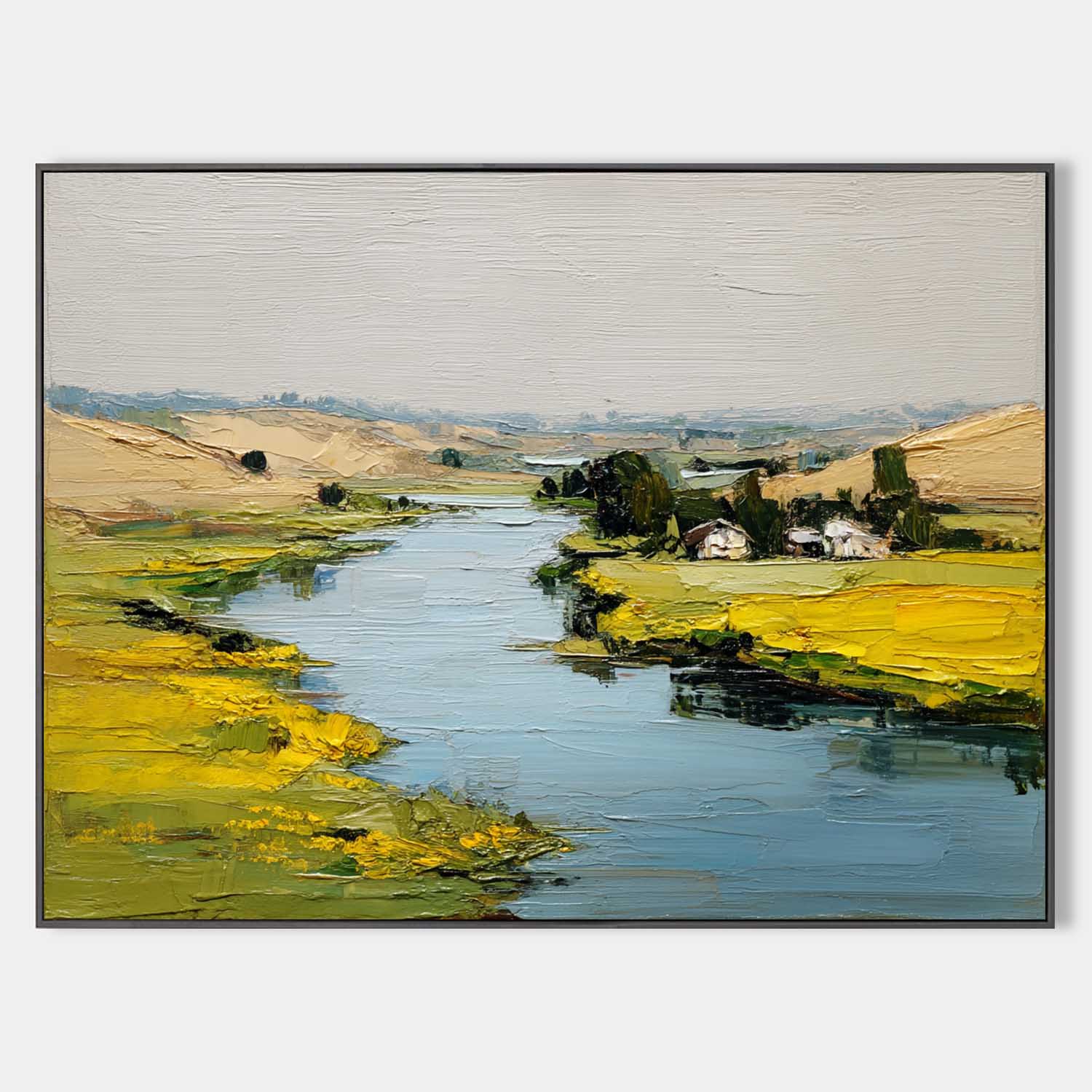 Rustic River Valley Oil Painting Golden Wildflower