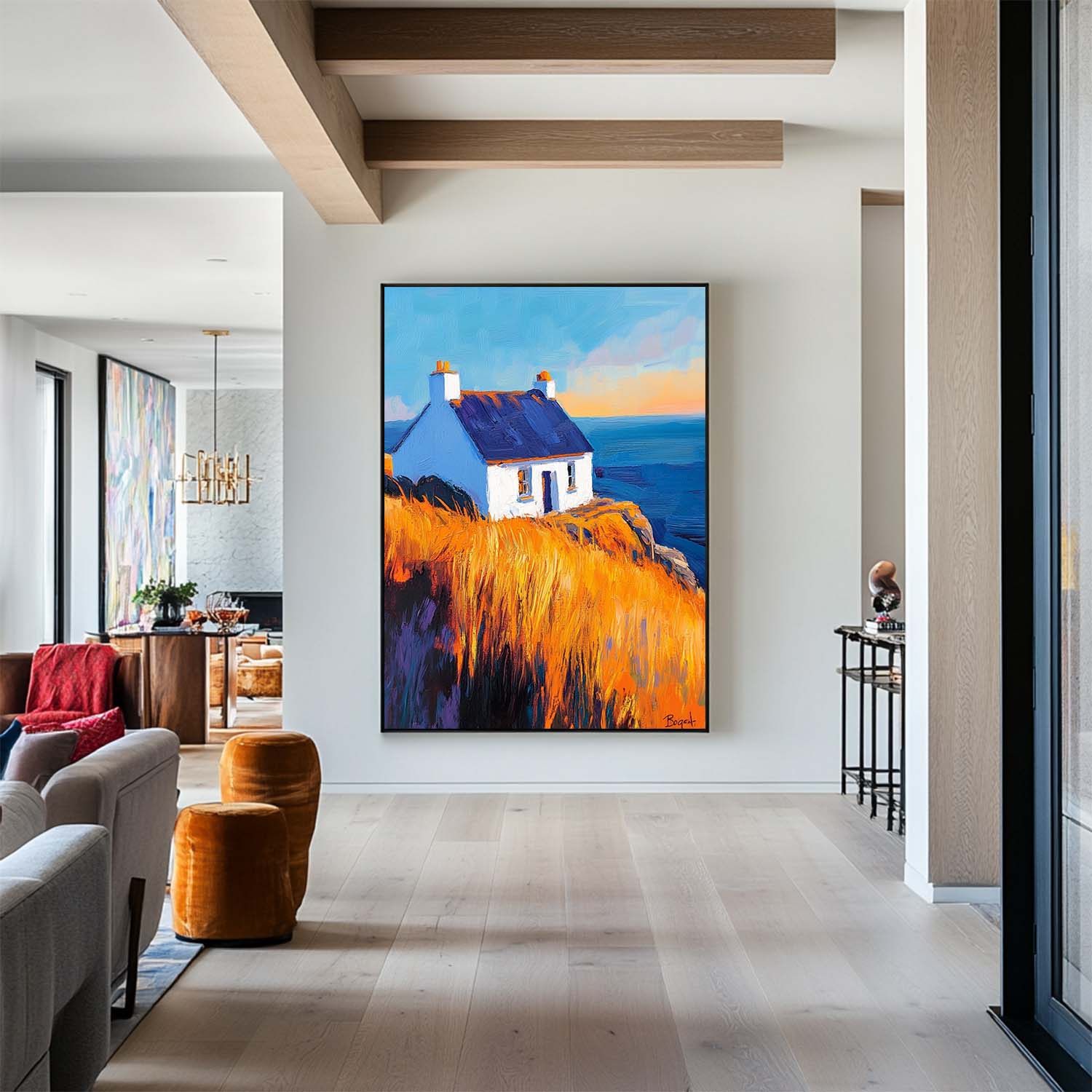 Cottage Golden Hour Seascape Oil Painting