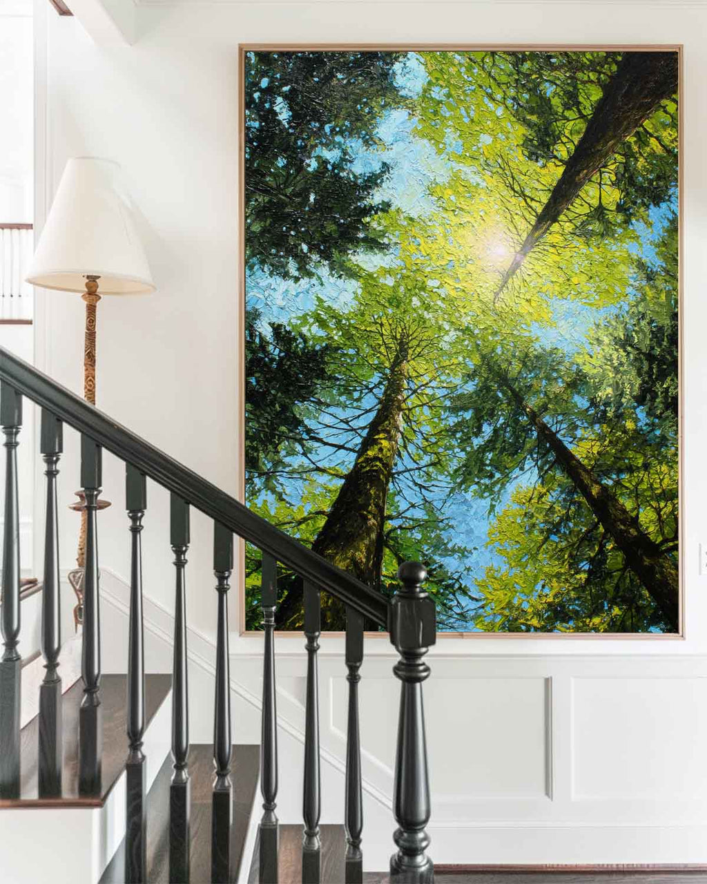 Forest Canopy Oil Painting Sunlit Tall Trees