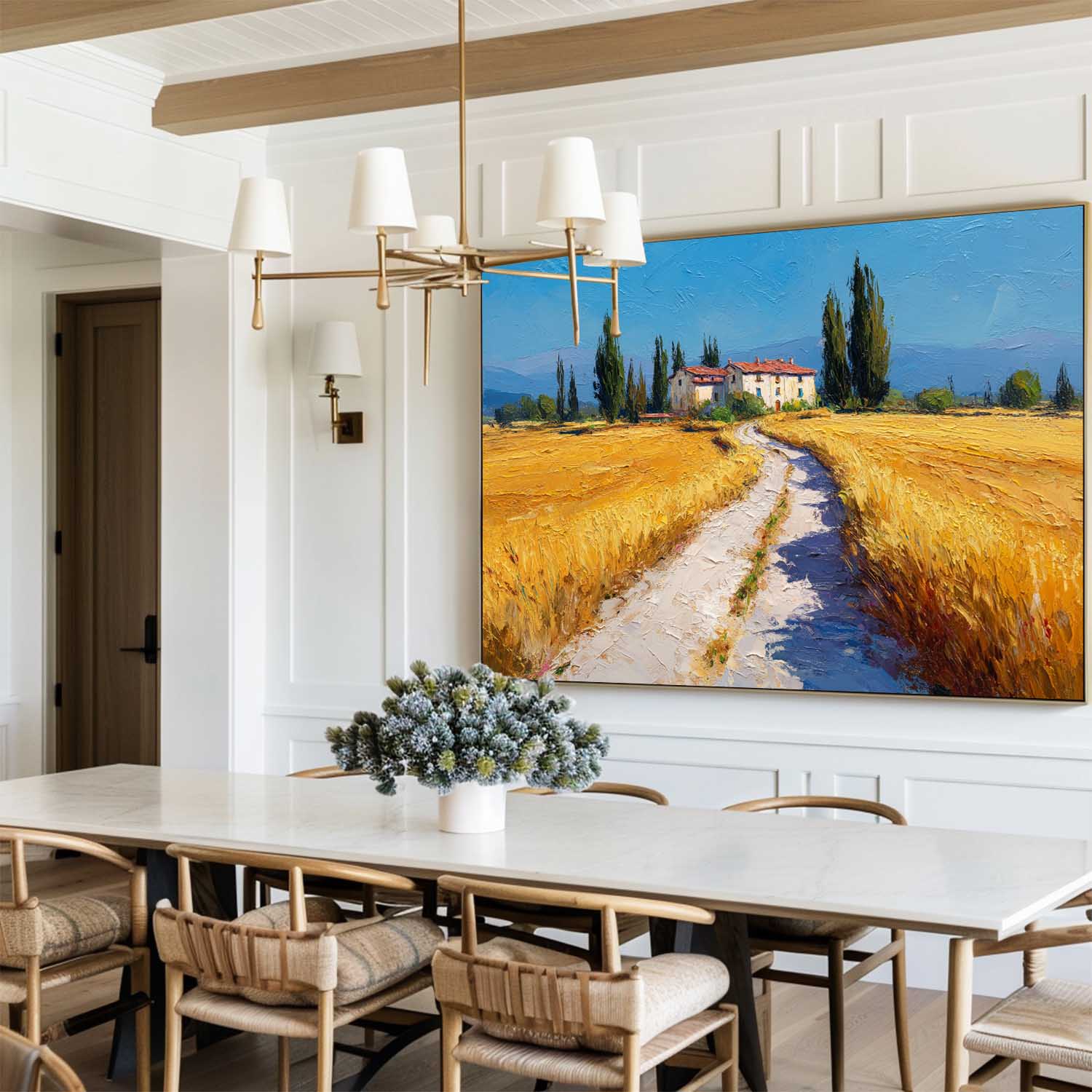Tuscan Countryside Oil Painting Golden Wheat Fields