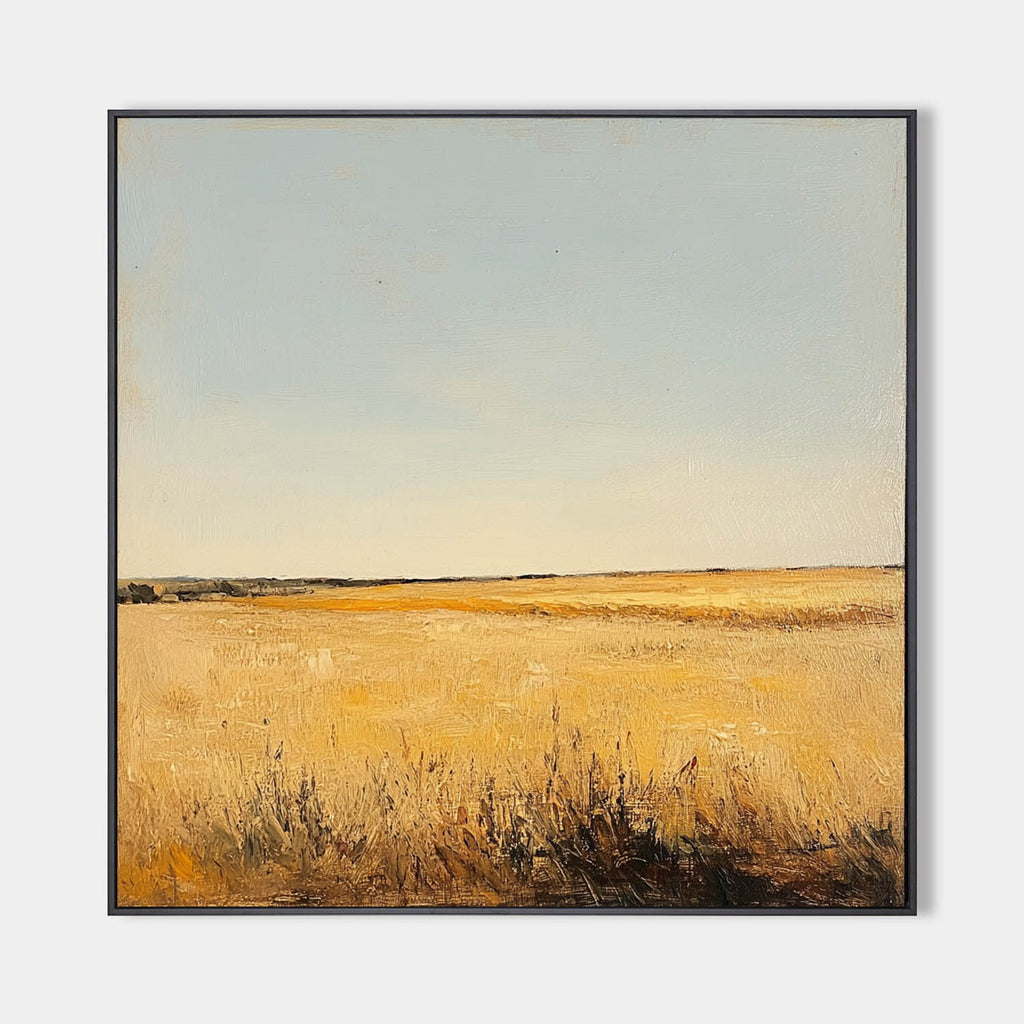 Golden Prairie Landscape Under Blue Sky Oil Painting
