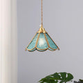 Pendant Lamp Textured Blue Glass Scalloped Brass