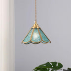 Pendant Lamp Textured Blue Glass Scalloped Brass