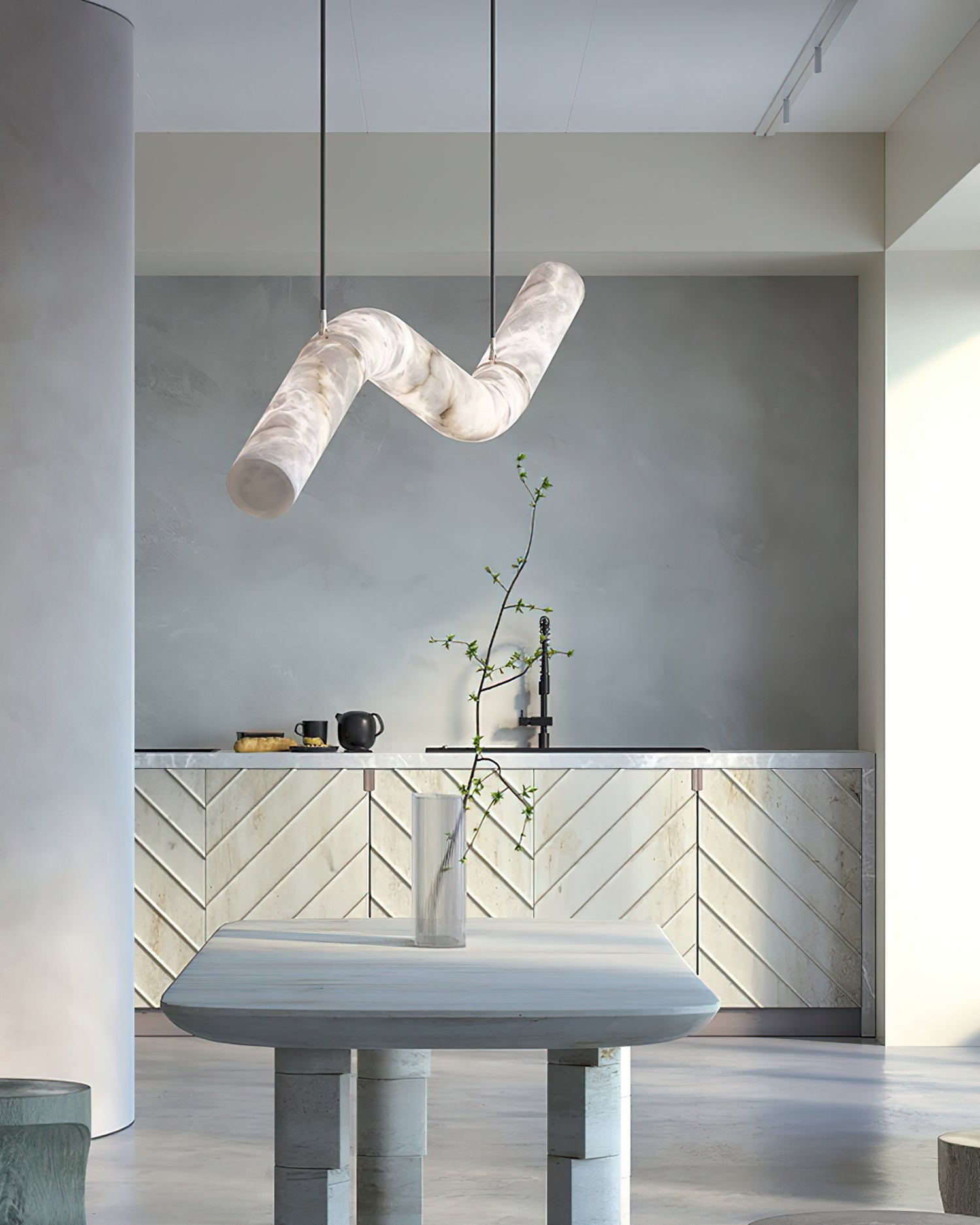 Liberty Chandelier Curved Alabaster Ribbon Silhouette