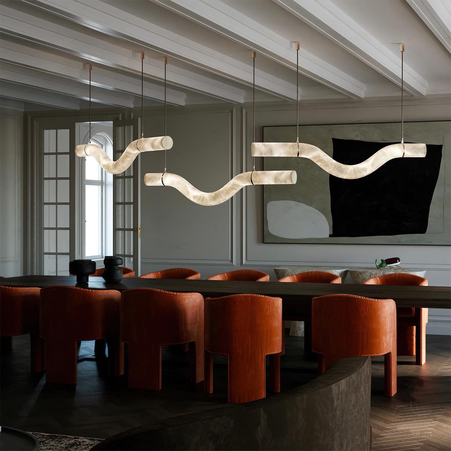 Liberty Chandelier Curved Alabaster Ribbon Silhouette