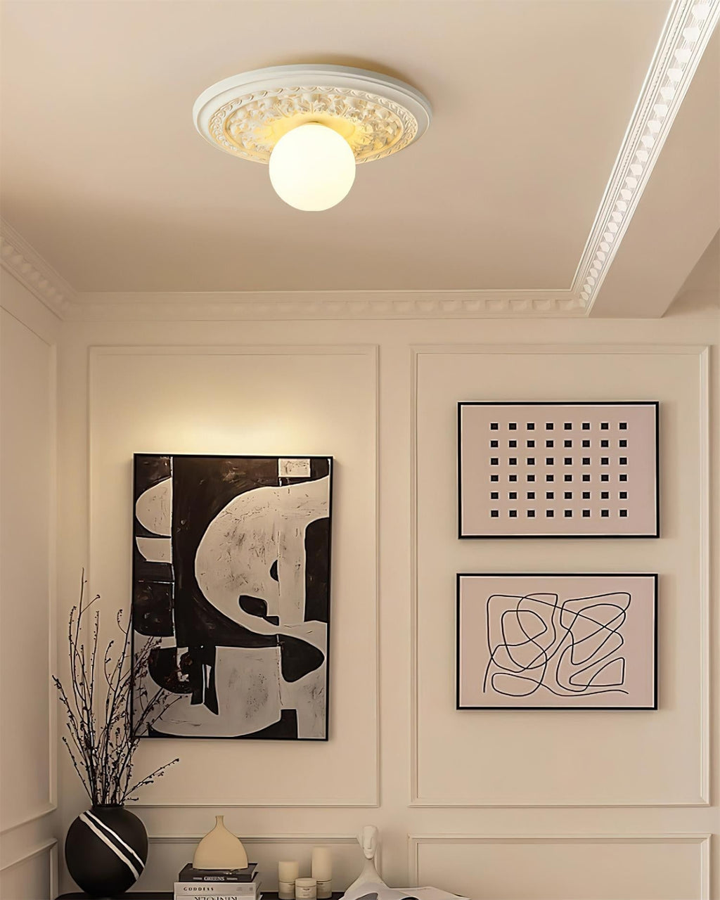 Ivorelle Vintage Carved Ceiling Light with Globe Shade