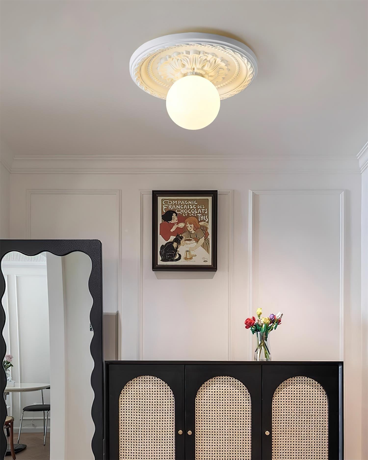 Ivorelle Vintage Carved Ceiling Light with Globe Shade