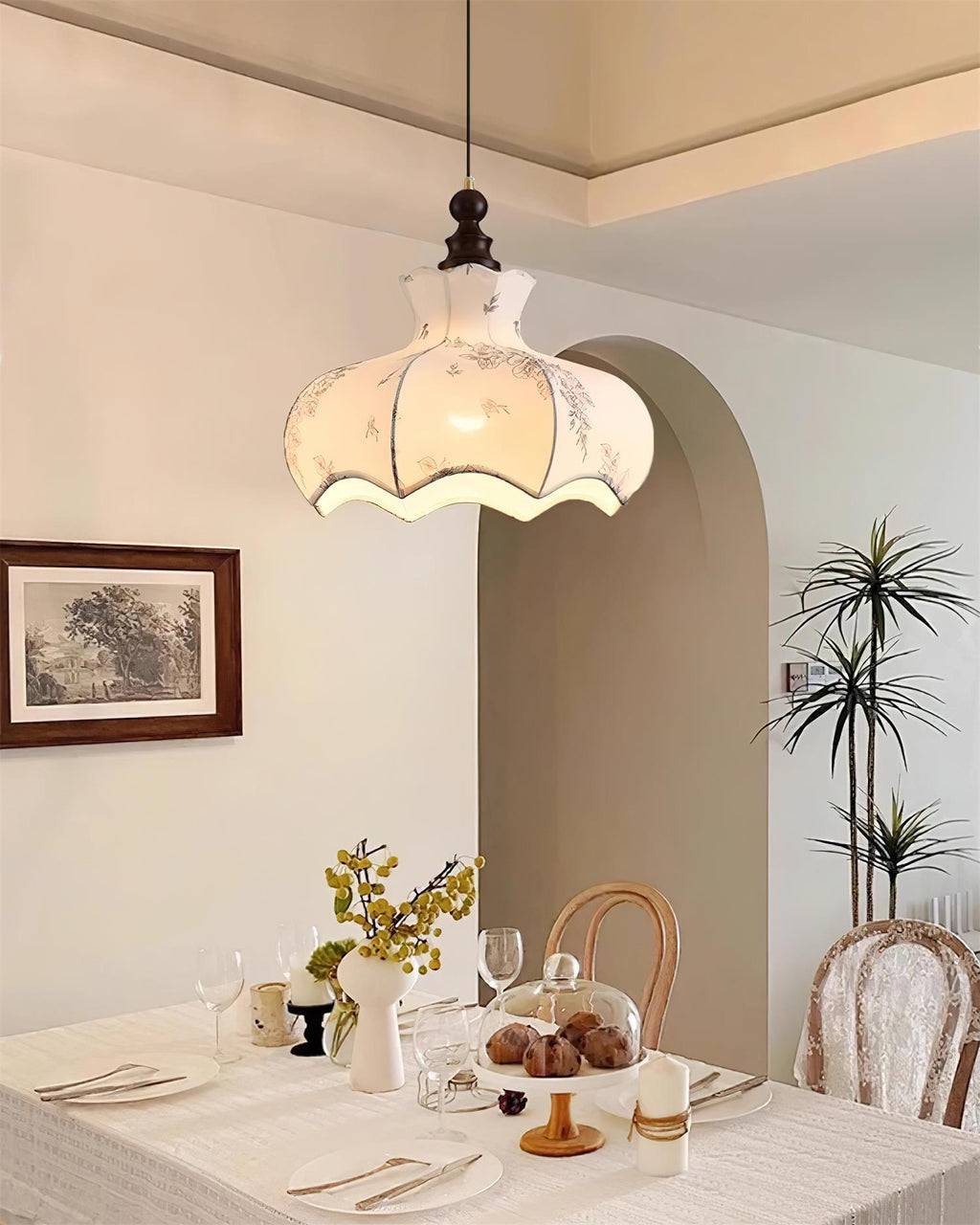 Pendant Lamp Metal and Wood Fabric Vintage Floral Elegant