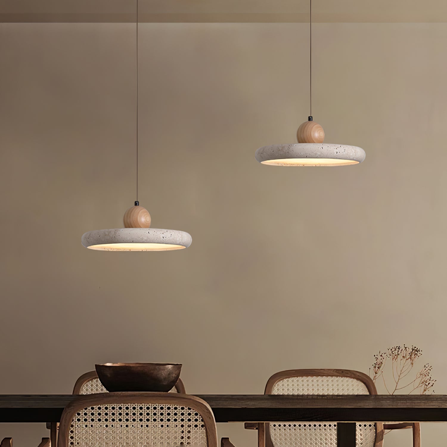Opalyn Travertine & Wood Pendant Light