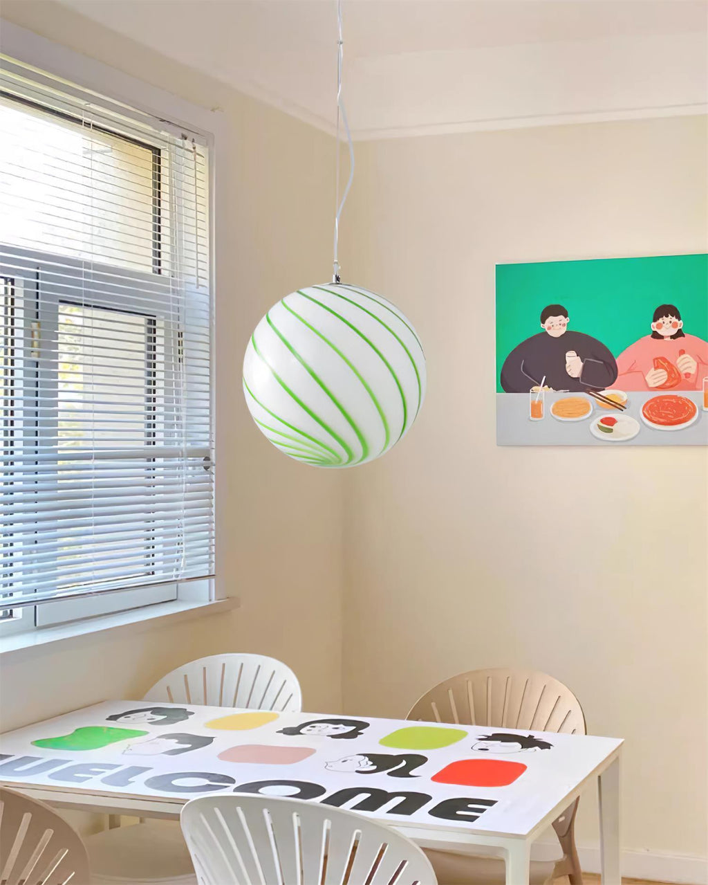 Pendant Lamp Glass Globe Light with Green Swirl Stripes