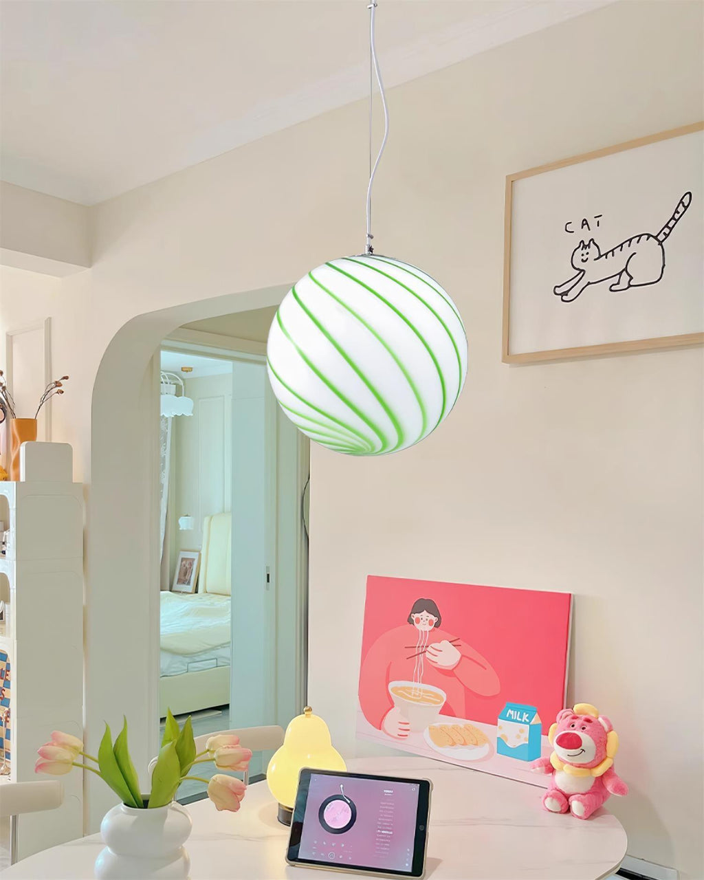 Pendant Lamp Glass Globe Light with Green Swirl Stripes