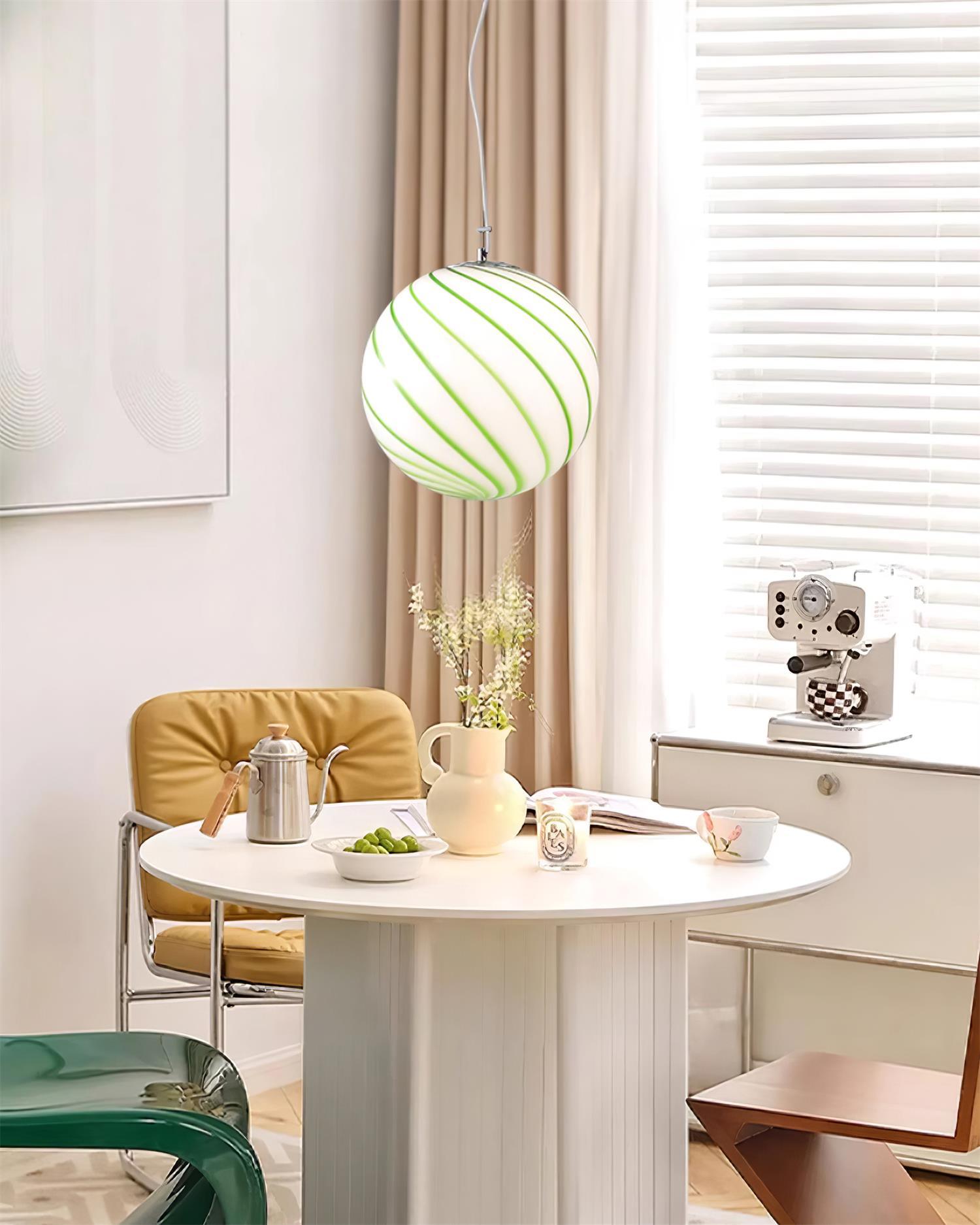 Pendant Lamp Glass Globe Light with Green Swirl Stripes