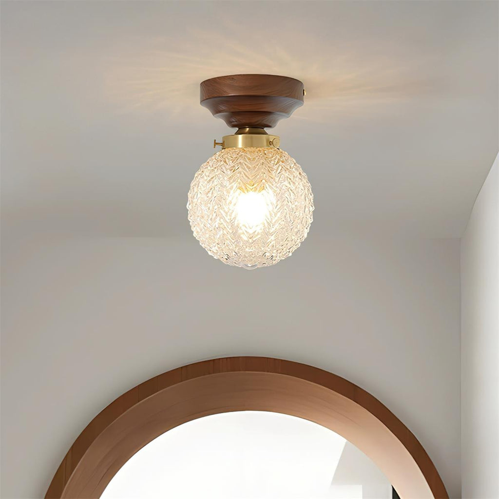 Ceiling Light Globe Shade Clear Glass Walnut Wood Canopy Brass
