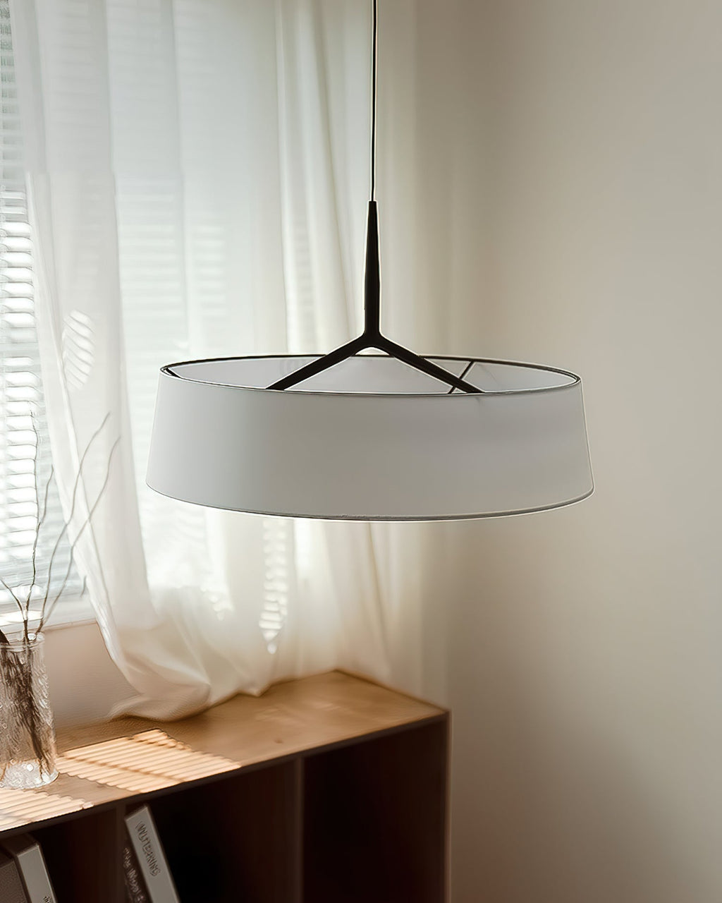 Pendant Light White Fabric Drum Black