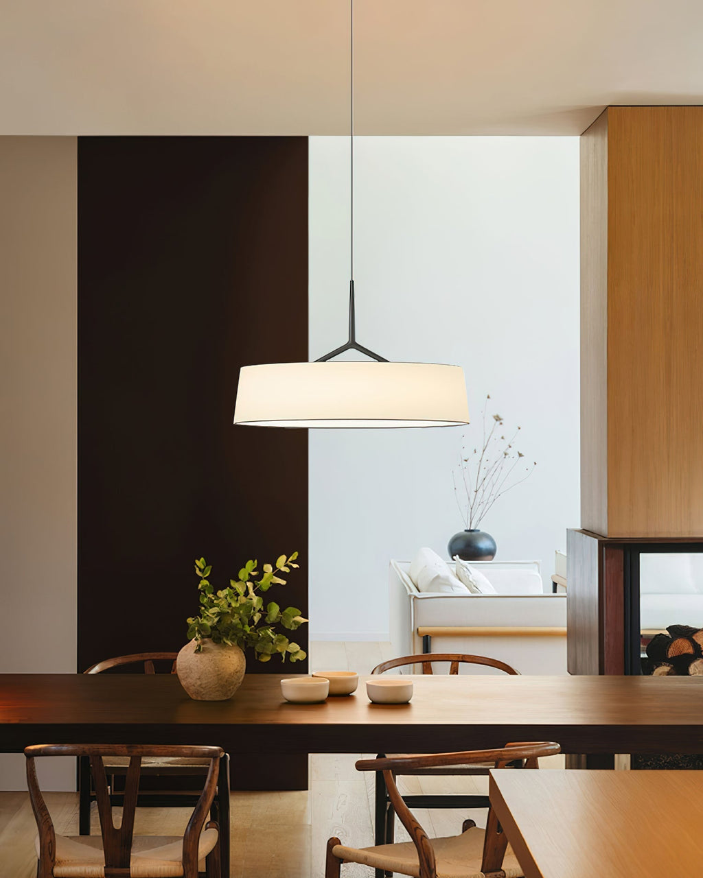 Pendant Light White Fabric Drum Black