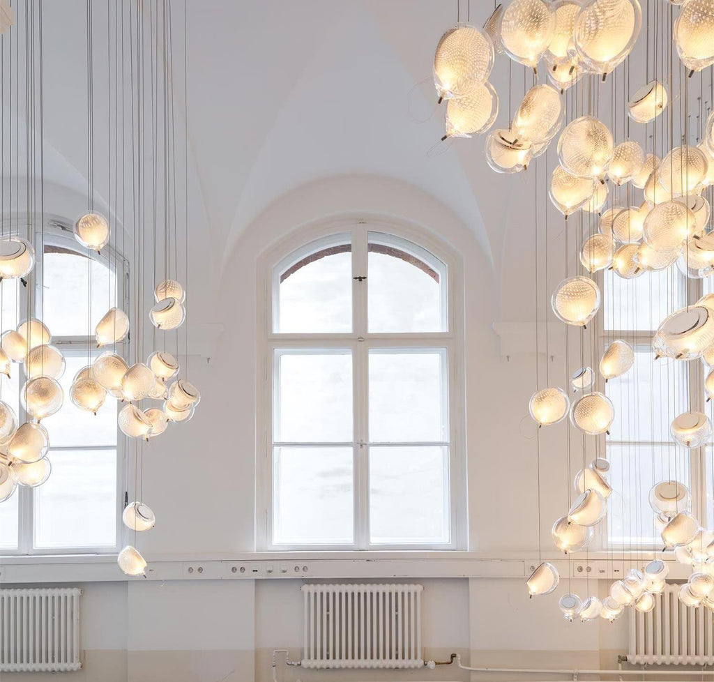 Chandelier Mesh Glass Orbs Cluster Metal Frame Modern Minimalist