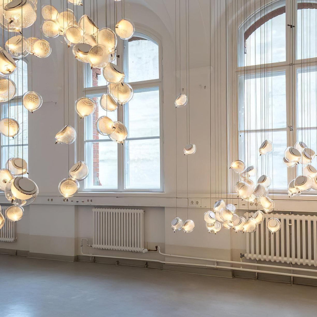 Chandelier Mesh Glass Orbs Cluster Metal Frame Modern Minimalist