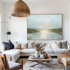 Serene Lake Sunset Oil Painting Neutral Blue and Gold