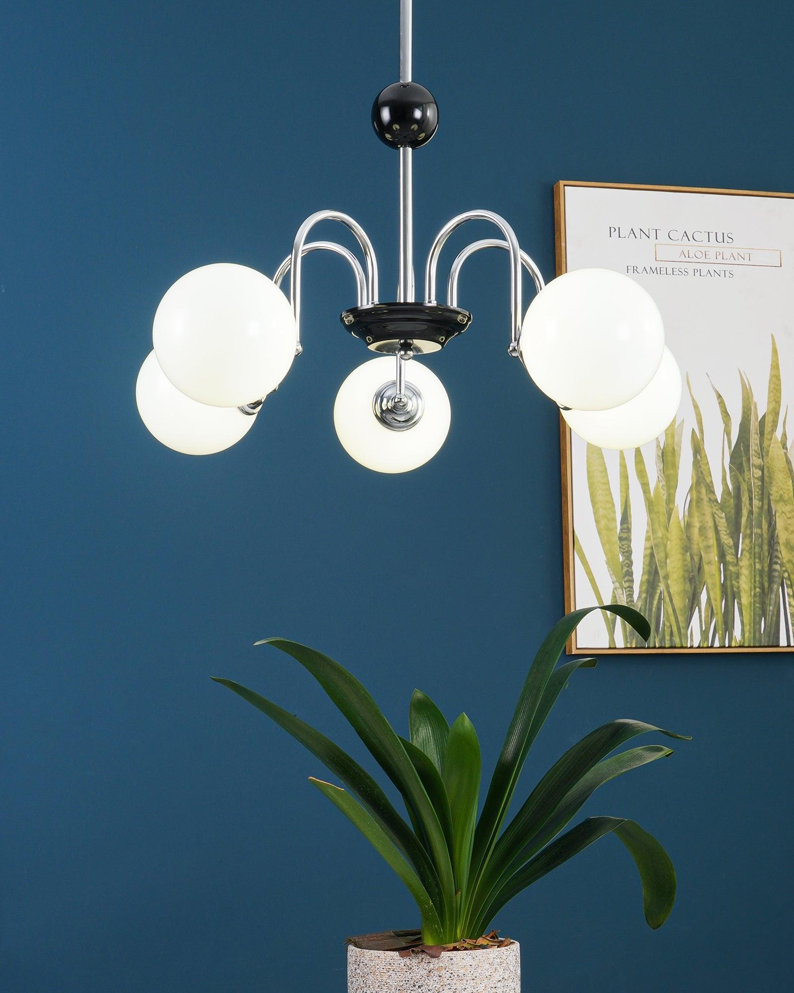 Chandelier Curved Arms Globe Shades Modern Retro Style Dining